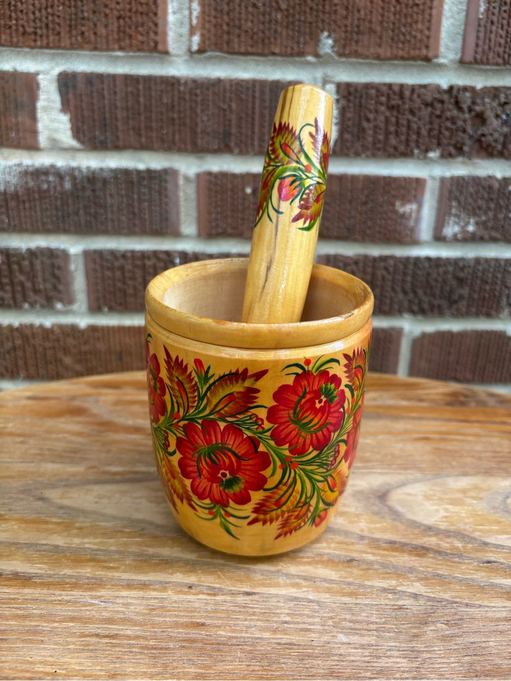 Ukrainian Petrykivka Folk Art Decorative Wooden Mortar Signed
